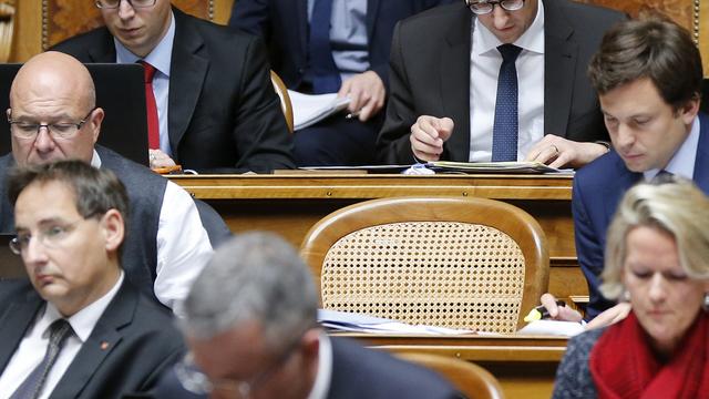 La place vide de Yannick Buttet au Parlement fédéral. Le Valaisan a également démissionné de la vice-présidence du PDC. [Keystone - Peter Klaunzer]