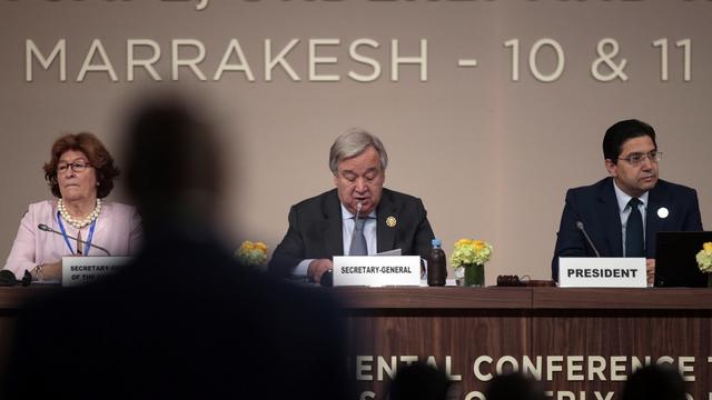 Le secrétaire général de l'UNO Antonio Guterres lors de la conférence intergouvernementale de Marrakech autour du Pacte sur les migrations, le 9 décembre 2018. [AP/Keystone - Mosa'ab Elshamy]