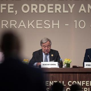 Le secrétaire général de l'UNO Antonio Guterres lors de la conférence intergouvernementale de Marrakech autour du Pacte sur les migrations, le 9 décembre 2018. [AP/Keystone - Mosa'ab Elshamy]