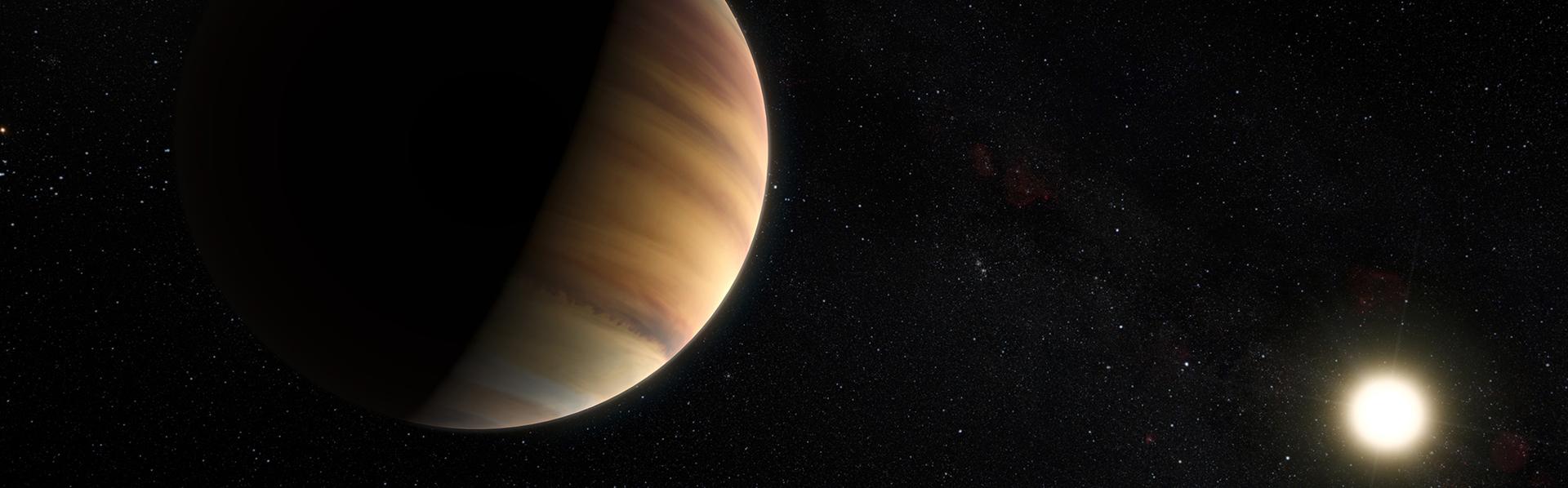 Vue d'artiste de l'exoplanète 51 Pegasi b, la première planète hors système solaire a avoir été découverte.
M. Kornmesser/Nick Risinger/EUROPEAN SOUTHERN OBSERVATORY
AFP [M. Kornmesser/Nick Risinger/EUROPEAN SOUTHERN OBSERVATORY]