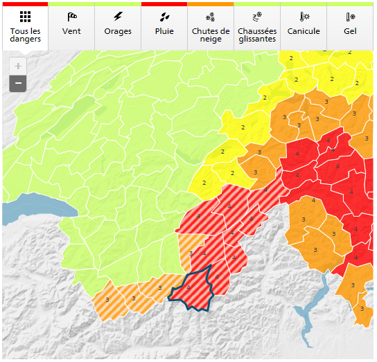 La carte des dangers de MétéoSuisse pour la journée de lundi. [MétéoSuisse]