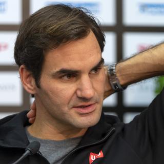 Rogert Federer durant une conférence de presse lors du tournoi de tennis Swiss Indoors de Bâle. [Keystone - Rogert Federer durant une conférence de presse lors du tournoi de tennis Swiss Indoors de Bâle.]