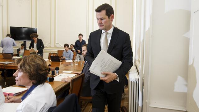 Pierre Maudet lors de la conférence de presse du 05.09.2018 à Genève. [Keystone - Salvatore Di Nolfi]