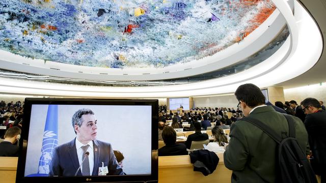 Iganzio Cassis, ministre des Affaires étrangères, à la tribune de la 37e session du Conseil des droits de l'homme, le 26 février 2018 à Genève. [Salvatore di Nolfi]