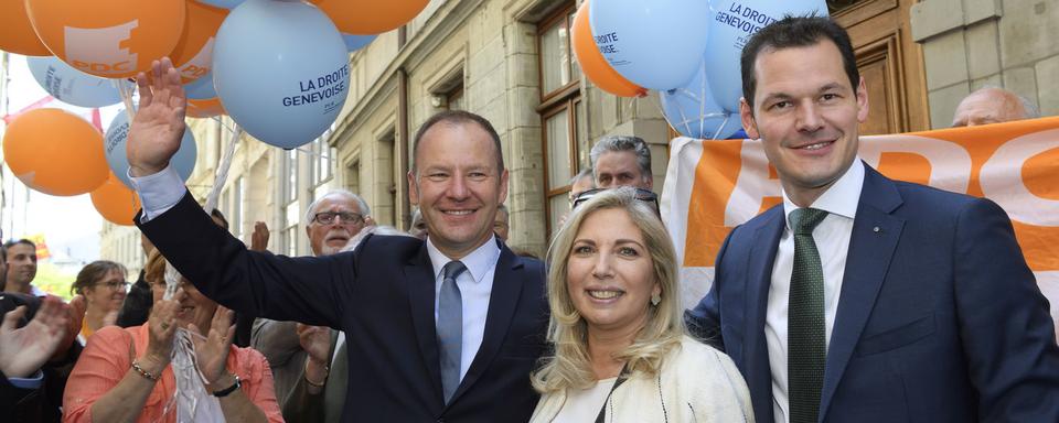 Malgré les sourires, la droite sort affaiblie des élections genevoises. [Keystone - Martial Trezzini]