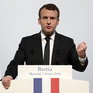 Emmanuel Macron a pris la parole à Bastia, en Corse. [AP/Keystone - Benoit Tessier]