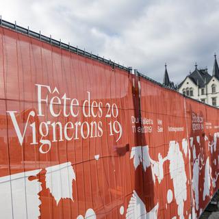 Une vue sur le chantier de la Fête des Vignerons 2019 à Vevey. [Keystone - Jean-Christophe Bott]