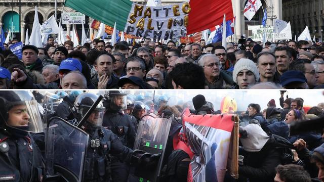 Des personnes réunies pour le meeting de Matteo Salvini, de la Ligue (photo du haut), à Milan, et heurts entre policiers et manifestants antifascistes, également à Milan. [EPA/AP/Keystone - Antonio Calanni/Matteo Bazzi]