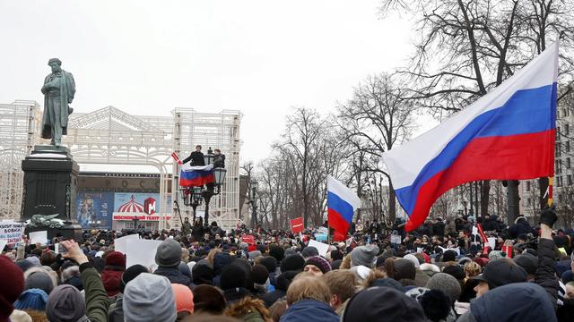 Des opposants à Vladimir Poutine manifestent à Moscou, le 28 janvier 2018. [Keystone - EPA/Sergueï Chirikov]