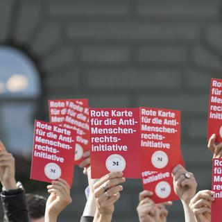 Manifestation à Berne contre l'initiative contre les juges étrangers le 12 août 2016 (photo d'illustration). [Keystone - Peter Schneider]