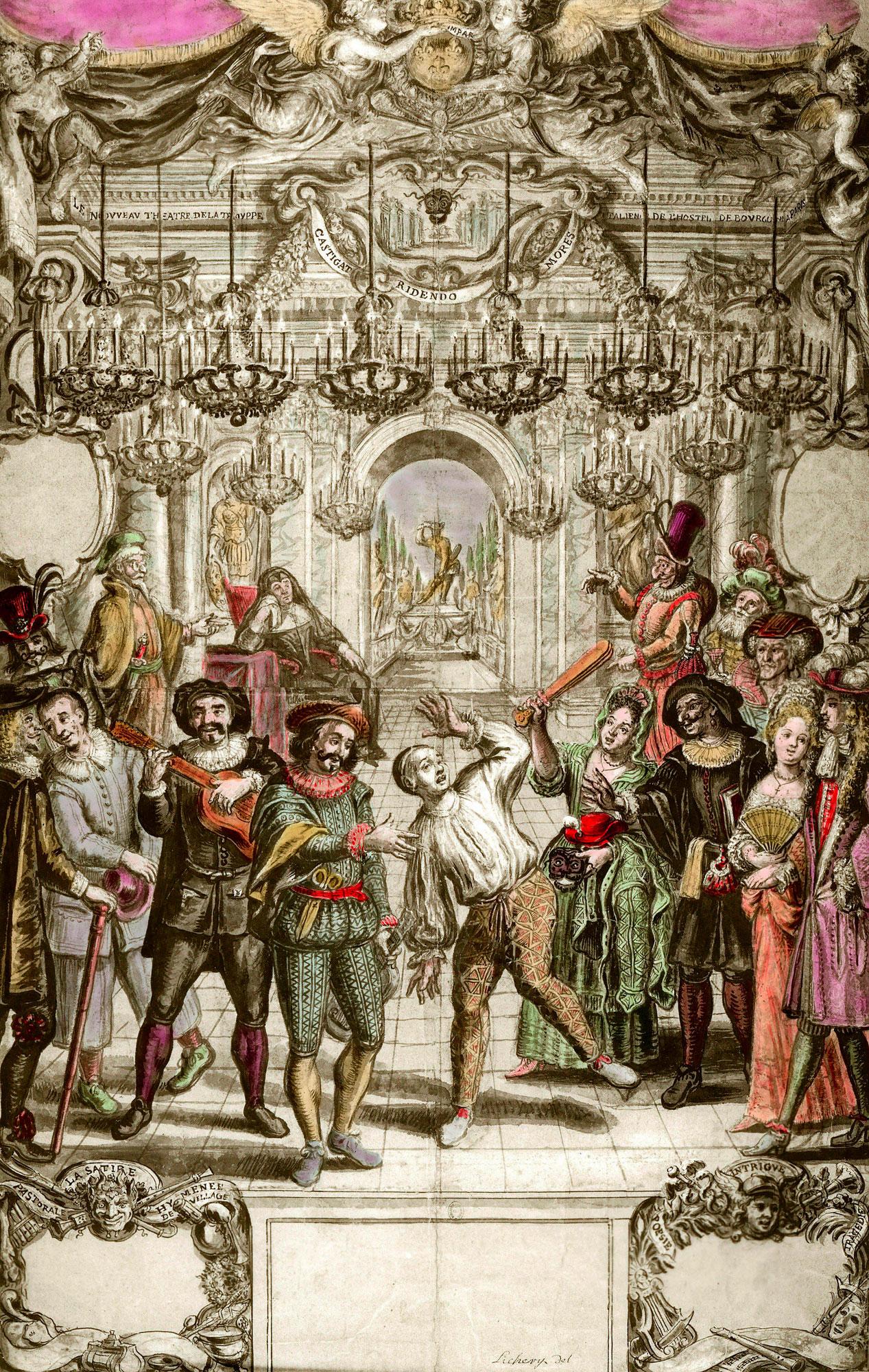 Commedia dell'Arte: la troupe royale de la comédie italienne à l'Hôtel de Bourgogne. Gravure de 1689, collection privée. [AFP - Josse/Leemage]