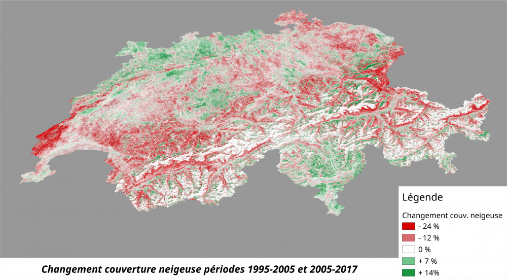 Le changement de la couverture neige entre les deux périodes étudiées, en vert où une augmentation a été constatée, en rouge où une diminution est visible. [Unige - Gregory Giuliani]