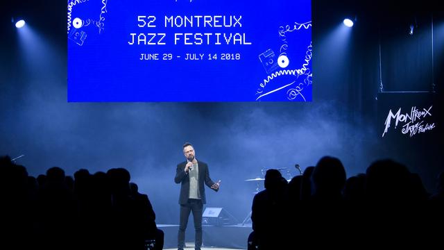 Mathieu Jaton, directeur du Montreux Jazz Festival, lors de la conférence de presse le 17 avril 2018. [KEYSTONE - Jean-Christophe Bott]