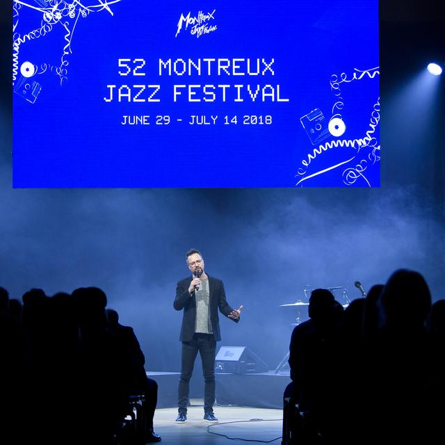 Mathieu Jaton, directeur du Montreux Jazz Festival, lors de la conférence de presse le 17 avril 2018. [KEYSTONE - Jean-Christophe Bott]