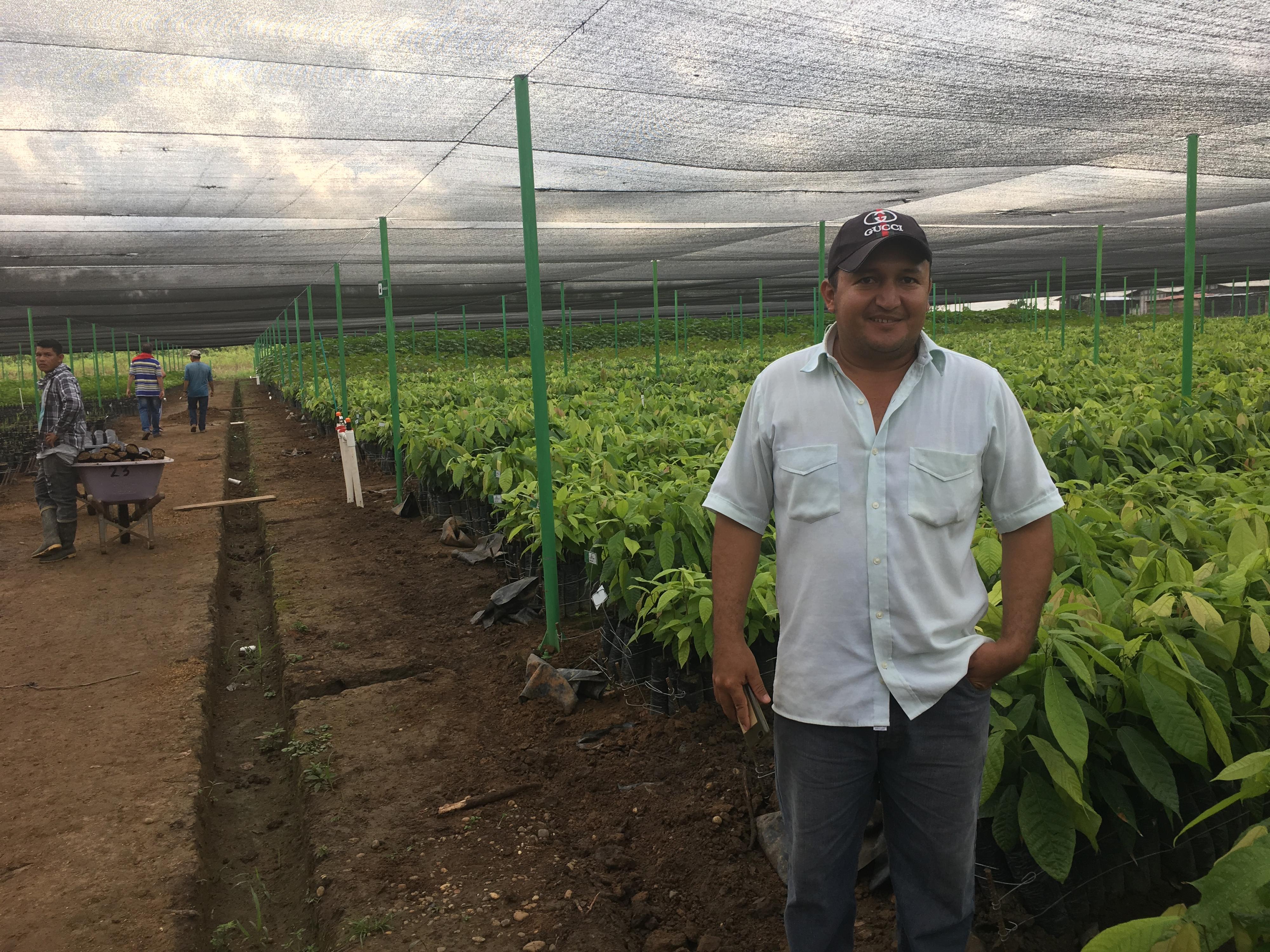 German Guttierres, responsable d'une serre de plants de cacao destinés aux agriculteurs colombiens en reconversion. [RTS - Anouk Henry]