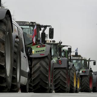 Des agriculteurs ont parqué leurs tracteur en pleine ville de Berlin, proche de la Colonne de la Victoire. [Keystone - (AP Photo/Michael Sohn)]