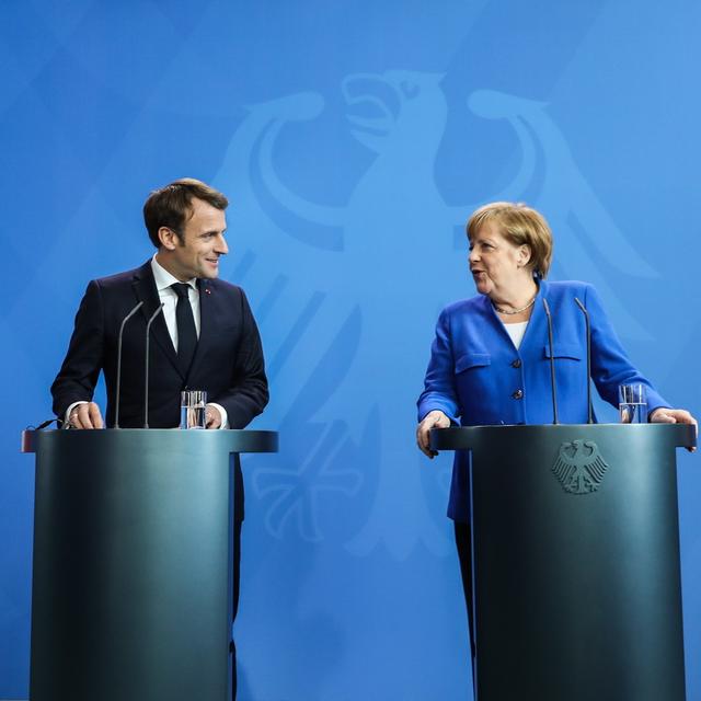 Emmanuel Macron et Angela Merkel à Berlin, lundi 29.04.2019. [EPA/Keystone - Hayoung Jeon]