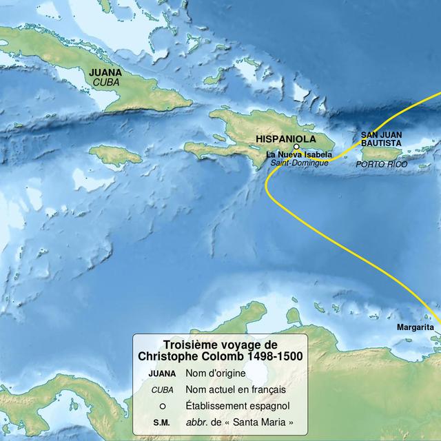 Itinéraire du voyage de Christophe Colomb qui l'a conduit sur les côtes du Venezuela en 1498.