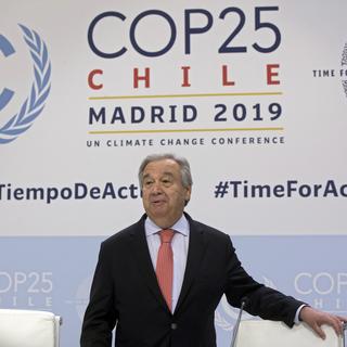 Antonio Guterres dénonce une "guerre contre la nature" avant l'ouverture de la COP 25. [Keystone - Paul White]