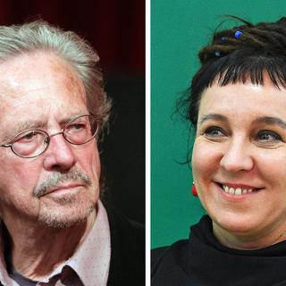 Peter Handke et Olga Tokarczuk ont reçu les Nobel de littérature 2019 et 2018. [Keystone - EPA/Georg Hochmuth/Facundo Arrizabalaga]