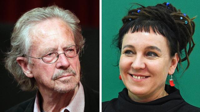 Peter Handke et Olga Tokarczuk ont reçu les Nobel de littérature 2019 et 2018. [Keystone - EPA/Georg Hochmuth/Facundo Arrizabalaga]