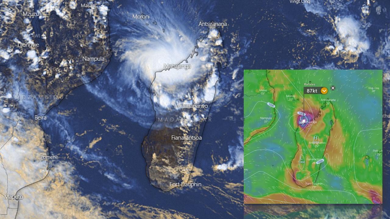Image satellite et position du cyclone Belna le 9 décembre 2019 [Meteofrance/Windy/ECMWF]