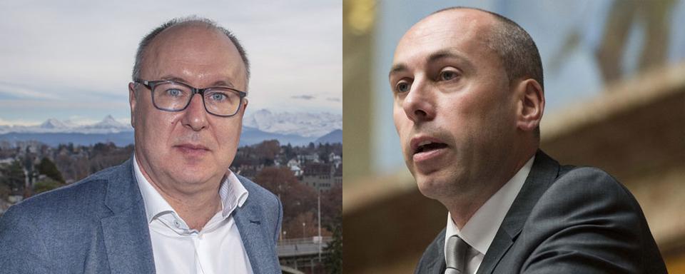 Débat entre Pierre-Yves Maillard, nouveau président de l'USS et Manfred Bühler, conseiller national (UDC/BE). [Keystone]