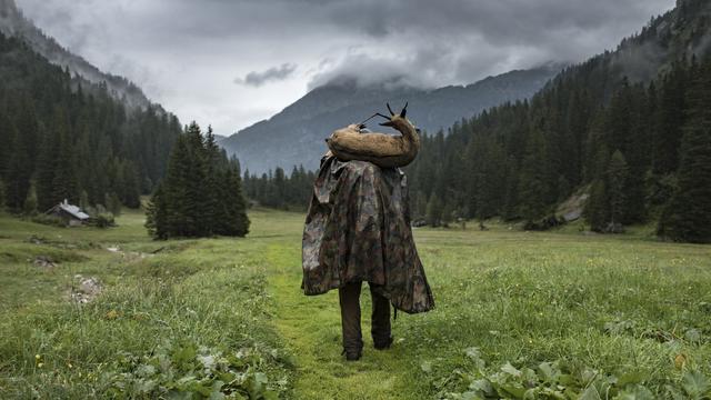 Un chasseur porte un chamois sur le dos dans le Mürtschental, à Glaris. [Keystone - Gian Ehrenzeller]