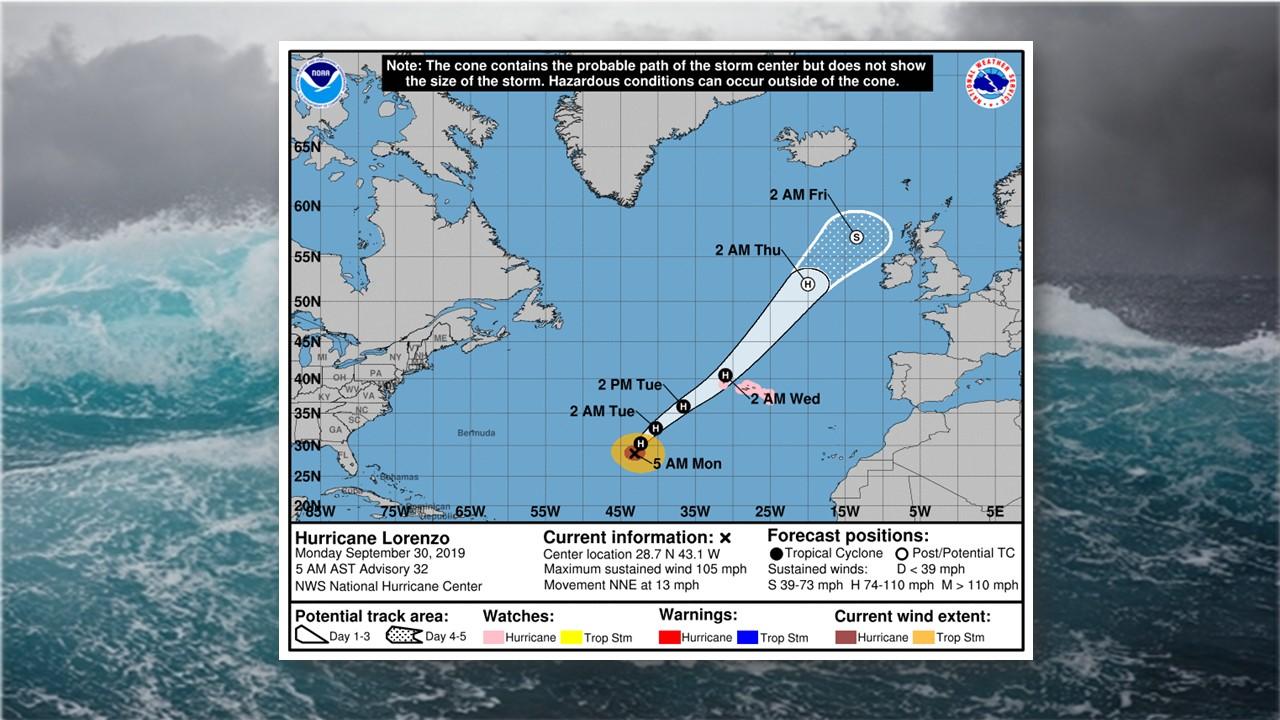 Trajectoire de Lorenzo, prévue par le National Hurricane Center de Miami [NHC]