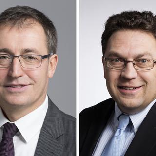 Les conseillers nationaux Rino Büchel (UDC/SG) et Laurent Wehrli (PLR/VD). [Keystone - Gaëtan Bally]