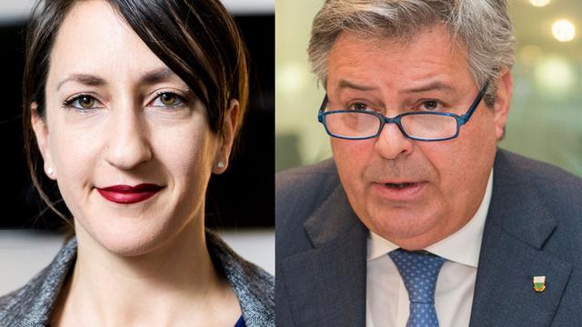 Jessica Jaccoud (PS) et Marc-Olivier Buffat (PLR). [RTS/Keystone - Jean-Christophe Bott/Thomas Delley]