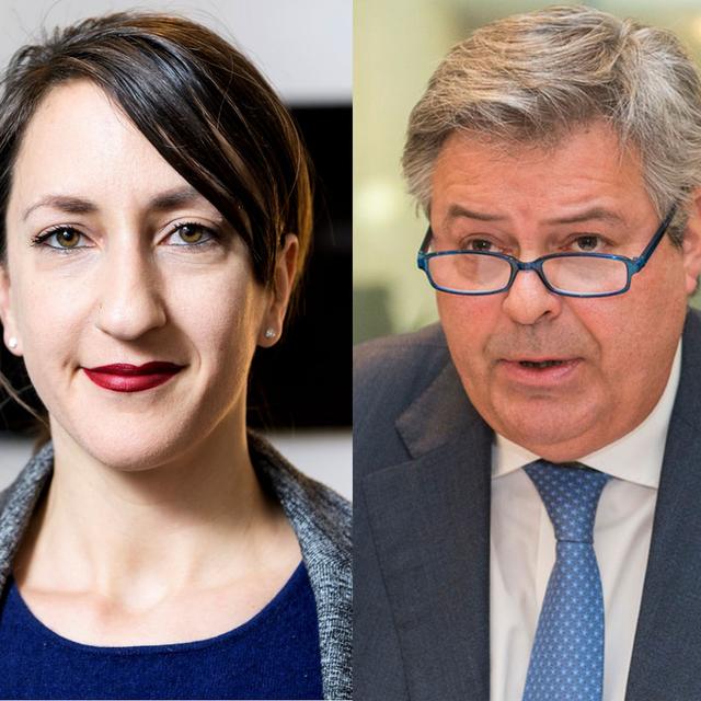 Jessica Jaccoud (PS) et Marc-Olivier Buffat (PLR). [RTS/Keystone - Jean-Christophe Bott/Thomas Delley]