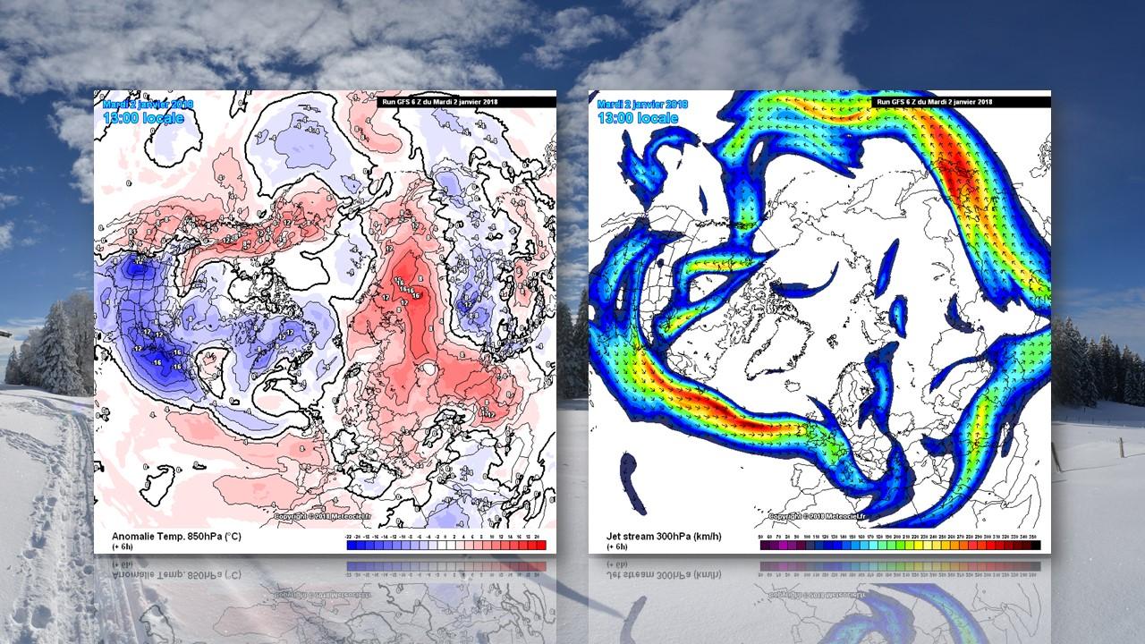 Anomalie de températures (à gauche) et position du jet-stream (à droite) le 2 janvier 2018 [GFS-NOAA]