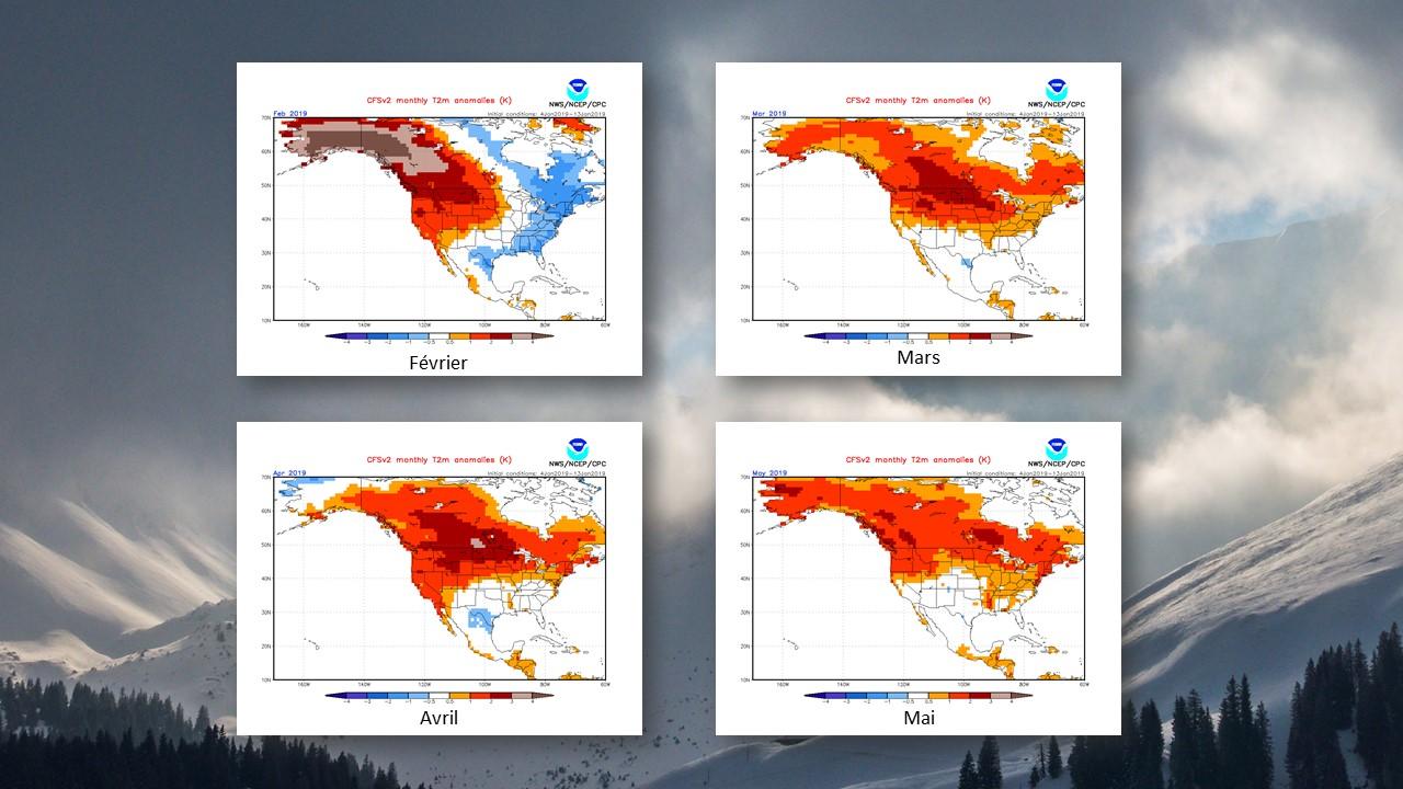 Anomalies de températures prévues pour les mois de février, mars avril et mai 2019 [NWS-NCEP]