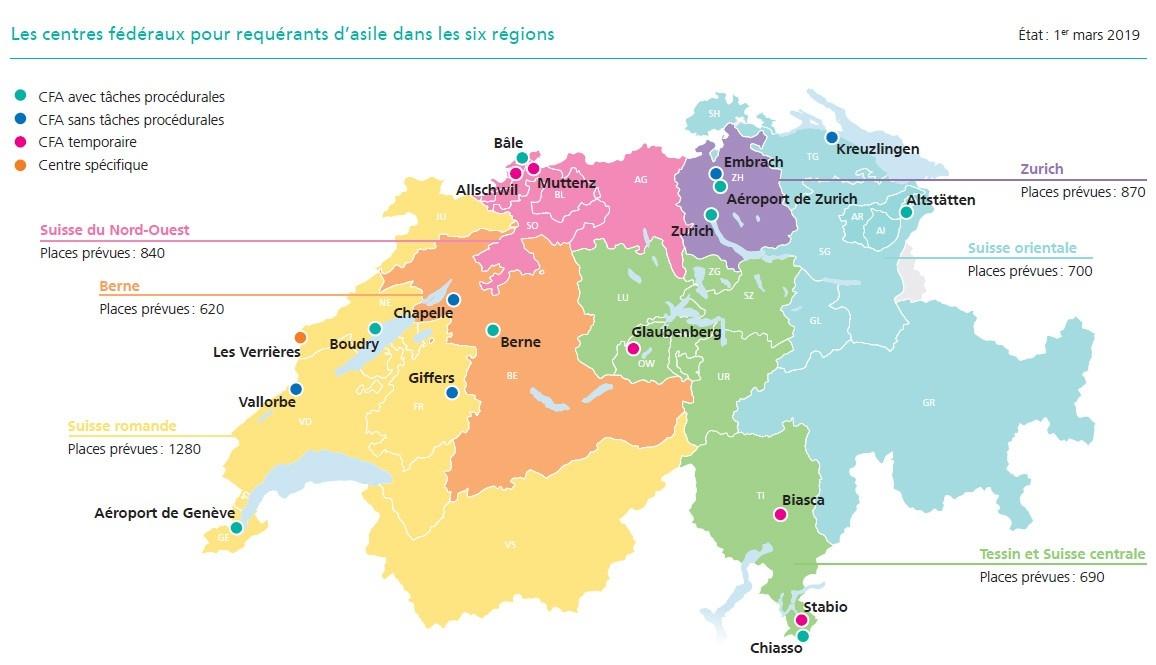 La carte des centres fédéraux d'asile. [SEM]