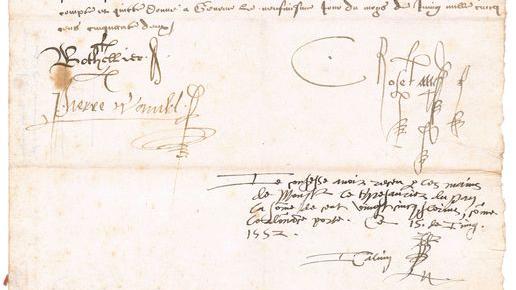 Daté du 15 janvier 1552, le document atteste de la réception par Jean Calvin de ses gages trimestriels en sa qualité de ministre du culte. [Archives d'Etat de Genève]