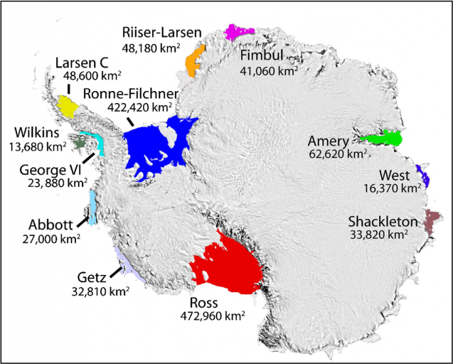 Les plus grandes barrières de glace autour de l'Antarctique (novembre 2016). [NSIDC - T. Scambos]