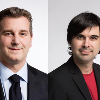 Les conseillers nationaux Marco Chiesa (Tessin, UDC) et Samuel Bendahan (PS, Vaud). [Keystone - Gaëtan Bally/Christian Beutler]