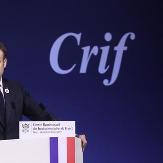 Le président français Emmanuel Macron au repas du Crif. [Keystone - Ludovic Marin]