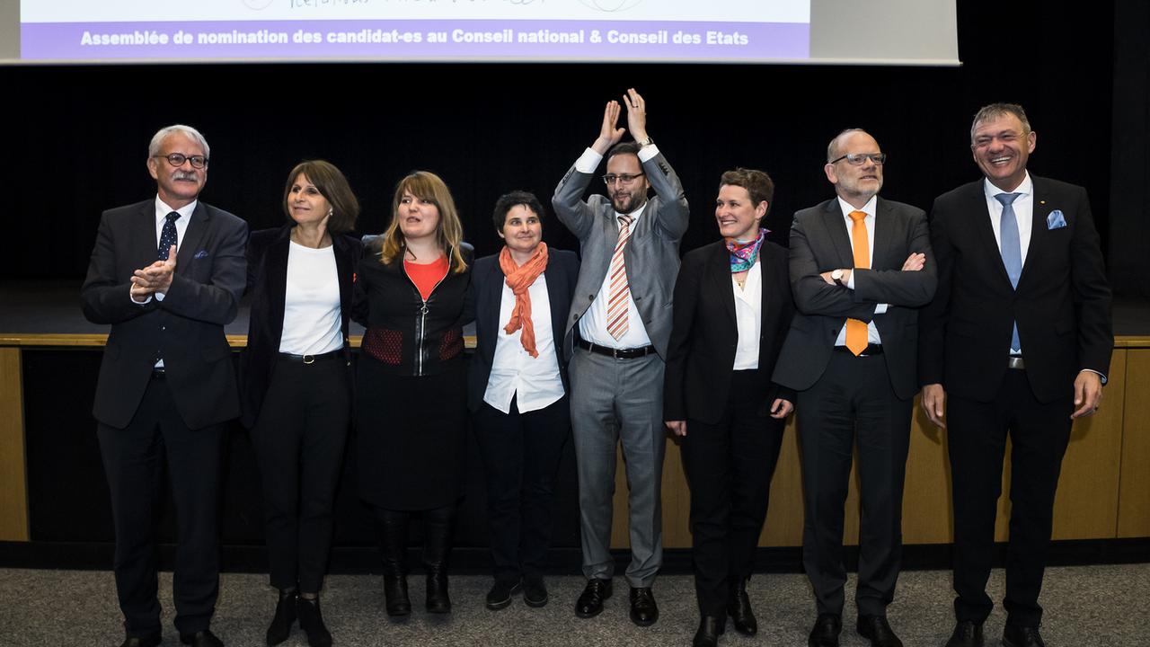 Les candidats du PDC Fribourg pour les élections fédérales de 2019. [Keystone - Jean-Christophe Bott]