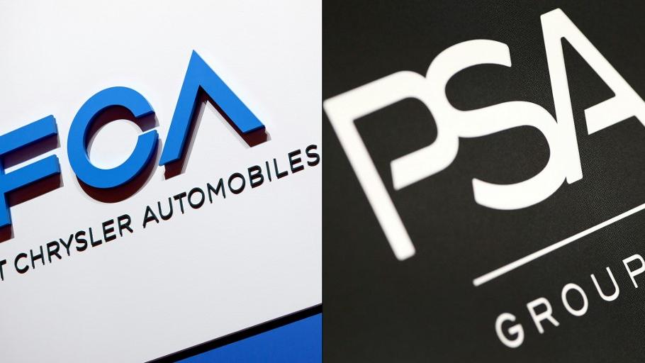 Les logos des deux groupes automobiles Fiat-Chrysler et PSA. [AFP - Daniel Roland/Harold Cunnigham]