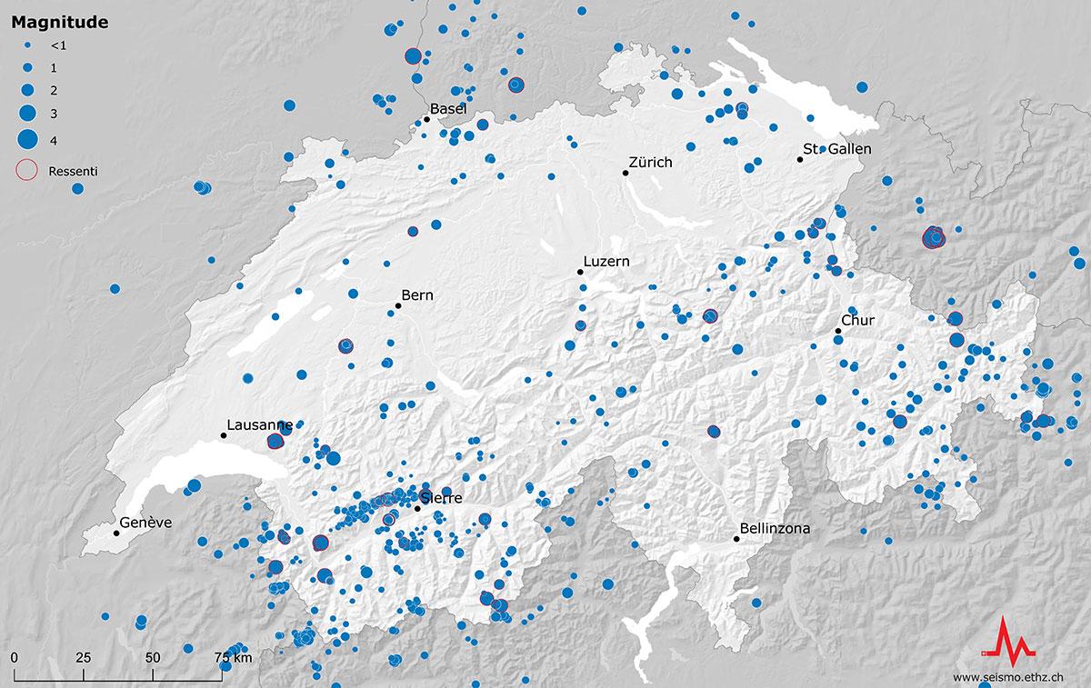 L'activité sismique a été a principalement été observée en Valais, dans les Grisons et le long du front alpin. [Service sismologique suisse (SED)]