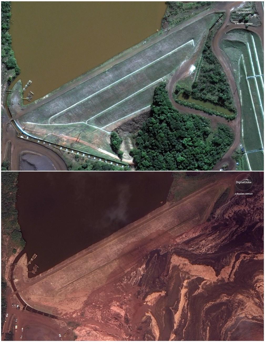 Deux images satellite montrant la région de Brumadinho, avant (en haut, le 2 juin 2018) et après (en bas, le 26 janvier 2019) la rupture du barrage minier de Vale. [Keystone - DigitalGlobe, a Maxar company via AP]