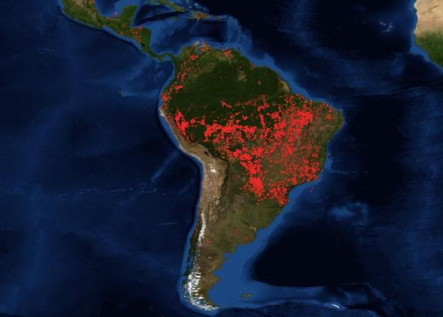 Une carte de la Nasa permet de voir l'ampleur des feux de forêt en Amazonie. [Nasa - Fire information for resource management system]
