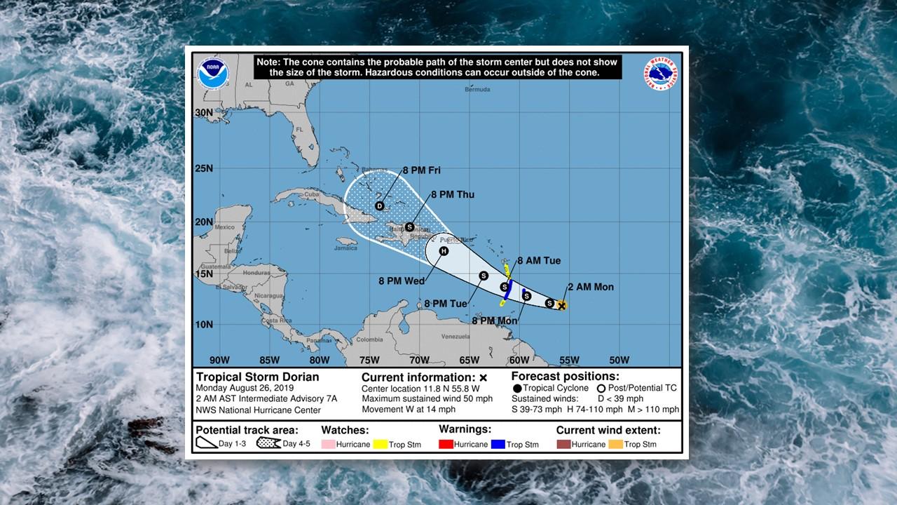 Tempête tropicale Dorian: trajectoire prévue par le National Hurricane Center de Miami, le 25 août 2019 [NHC/NO]