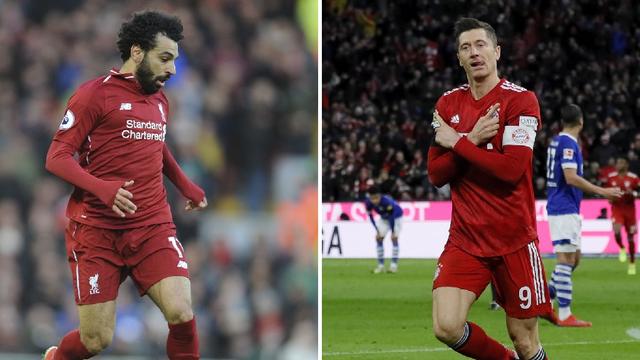 Mohamed Salah et Robert Lewandowski croiseront le fer mardi soir à Anfield Road. [Keystone - R.Vieira/R.Wittek]