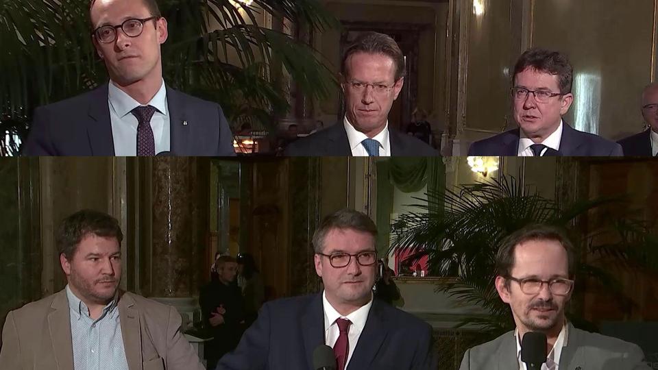 le chef de groupe des Verts Balthasar Glättli, le président du PS Christian Levrat, le président de l'UDC Albert Roesti, le vice-président du PLR Christian Lüscher et le conseiller national PDC (GR) Martin Candinas. [RTS]