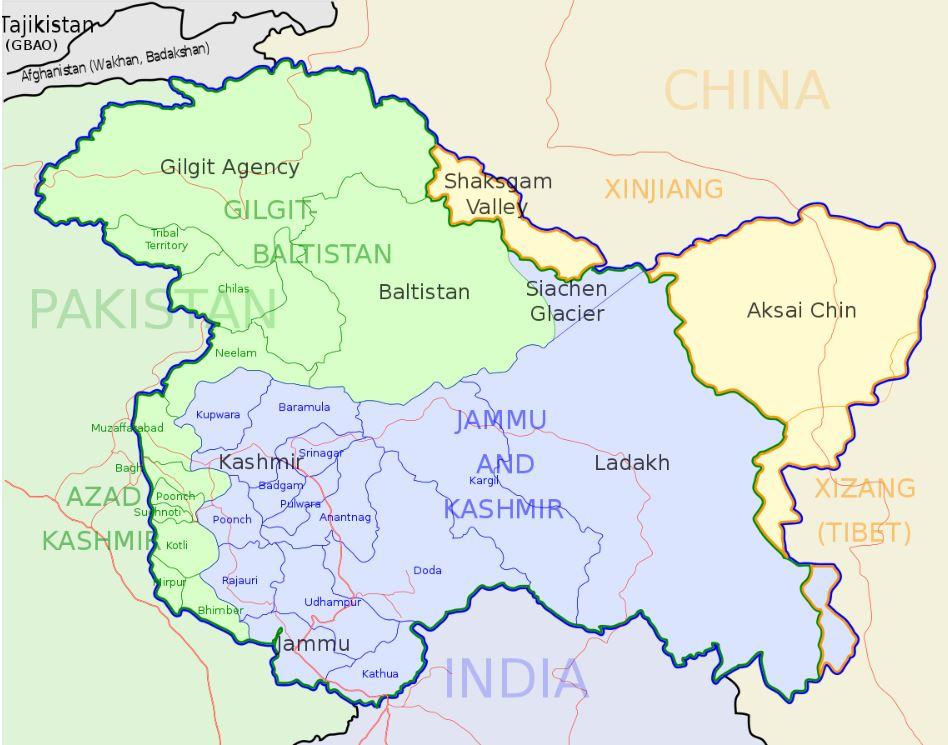 Carte du Cachemire entouré en bleu. Le Pakistan est en vert, l'Inde en bleu, la Chine en jaune; les autres pays en gris, le no man's land du glacier de Siachen en bleu. [CC/Wikimedia - Planemad]