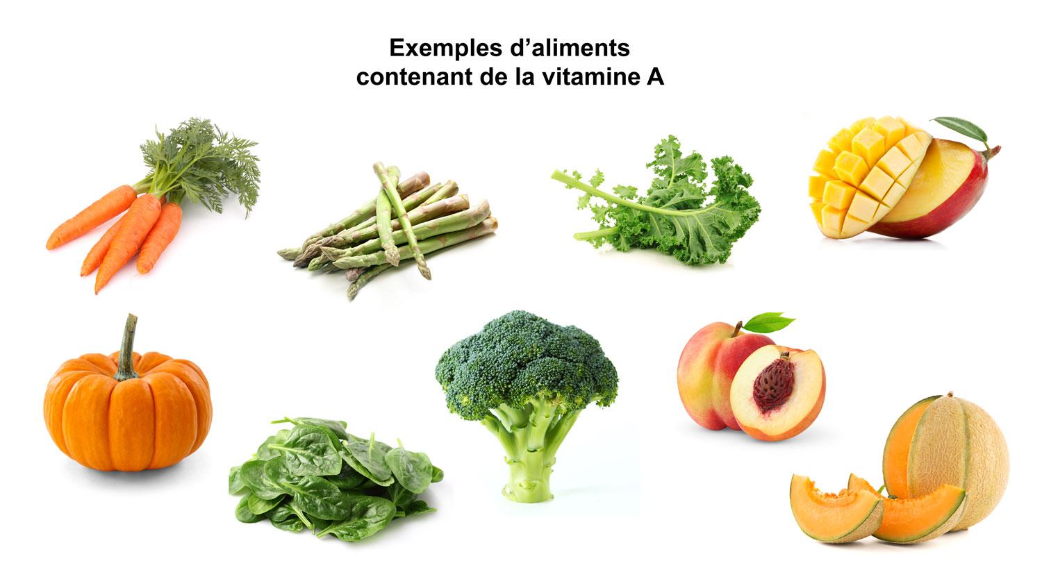 Exemples d'aliments contenant de la vitamine A. [Depositphotos - natika / Greatstock / tpzijl / Valentyn_Volkov / mblach / Dionisvera / korovin /	photomaru / homydesign]
