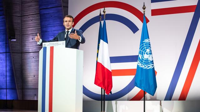 Le président français Emmanuel Macron pendant un discours au G7 de l'Education et du développement [EPA/Keystone - Christophe Petit Tesson]